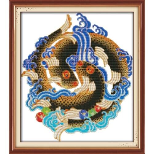 Joy Sunday The Eight Auspicious Symbols fish Cross Stitch Pattern 11CT 14CT Painting Set for Embroidery Stamped Kits Home Decor