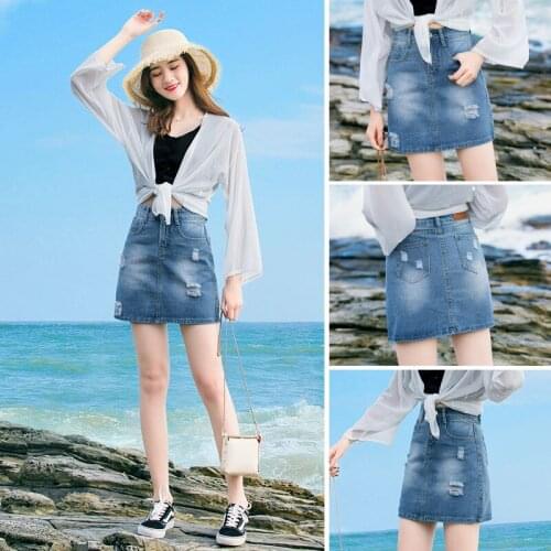 Summer women clothing denim mini students skirts scratched washed women skirts cowboy solid color one-step summer skirts