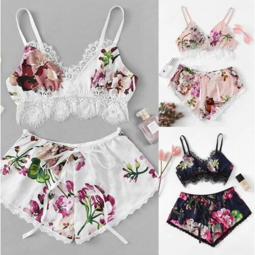 Hot Sexy Women Lace Floral Bralette Push Up Bra G-string Set Lingerie Sleepwear Ladies Pajama Party 2pcs Set