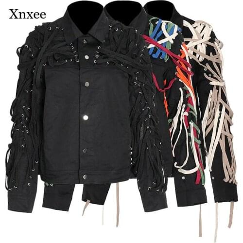 2021 Bandage Jacket Men Drawstring Deisn Black Single Breasted Coats New Spring Strings Bandage Coat Streetwear Tops Clothing