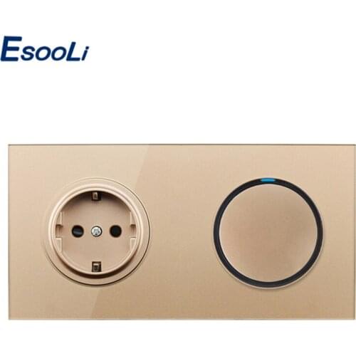 Esooli Golden Crystal Glass Panel 16A EU Russia Standard Wall Power Socket 1 Gang 1 Way On / Off Light Switch LED Indicator