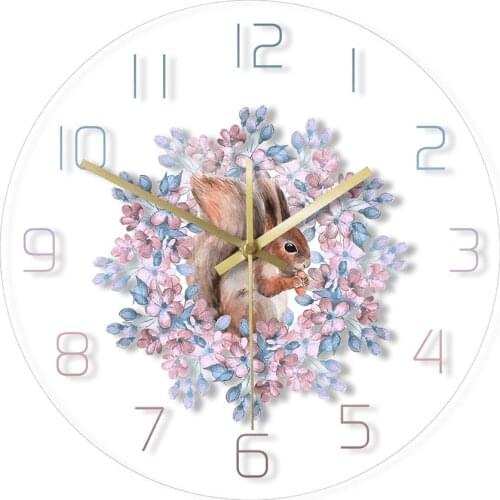 Forest Animal Squirrel Watercolour Follower Wall Clock Kid Nursery Room Decor Nature Inspiration Silent Watch Bohemian Boho Saat