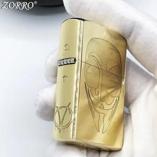 Authentic Zorro V-Logo Team Kerosene Lighter Pure Copper Precision Grinding Wheel Personality Creativity Gift