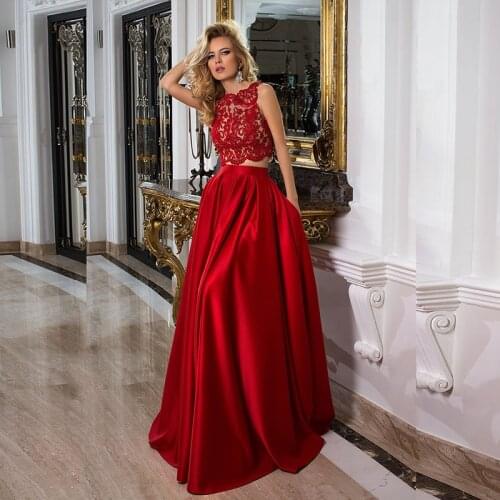 Latest Gorgeous Two Pieces Red Lace Top Evening Gowns Long with Detachable Skirt Boat Neck Wedding Party Dresses Illusion Back