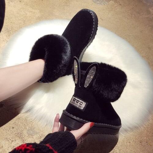 New Rabbit Plush Winter Boots Women Winter Boots Chunky Waterproof Fur Booties Cotton Warm Snow Boots Plus Velvet Platform