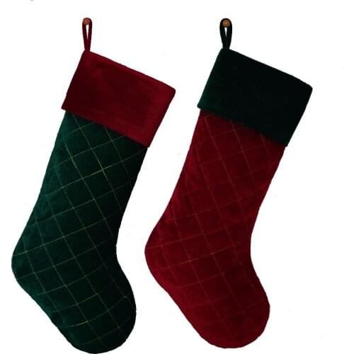 New arrivel Set of 2 pcs Red & Green Velvet Stocking Diamond Quilted Embroidery decoration Socks Christmas stocking P7922