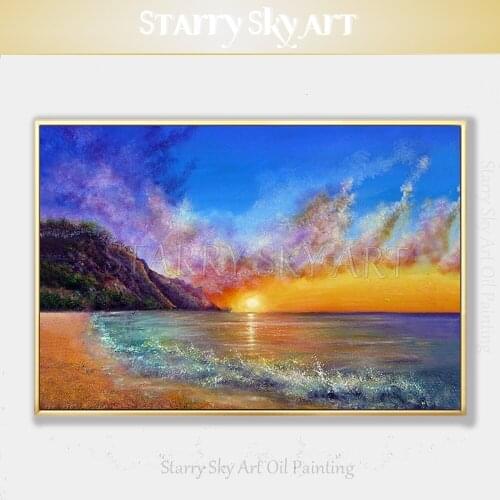 Excellent Artist Hand-painted High Quality Beach and Sunrise Acrylic Painting on Canvas Rich Colors Seascape Acrylic Painting