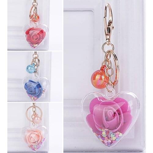 Pentagram Sequin Liquid Keychain Heart Shaped Dried Flower Acrylic Keyring Couples Women Gift Backpack Pendant