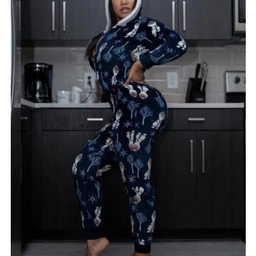 Christmas Hooded Pajamas Jumpsuit Women Winter Print Warm Long Sleeve Sleepwear Xmas Cute Zipper Up Nightwear Homewear Suits