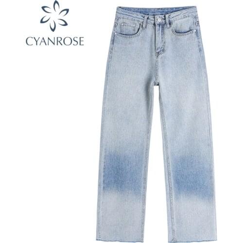 Casual Fashion Straight Leg Womens Jeans Bottom Harajuku Boyfriend Long High Waist Trousers Fall Female Pockets Zipper Pants