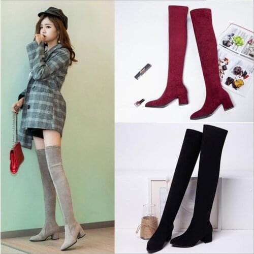 New Fashion Autumn Winter Over The Knee High Boots Thick Heel Pointed Suede Stretch Boots Were Thin Womens High Heels Boots