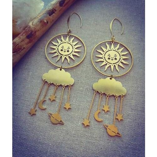 Pretty brass celestial dangles,Celestial Earrings, moon and star, sunburst,crescent moon, boho goddess