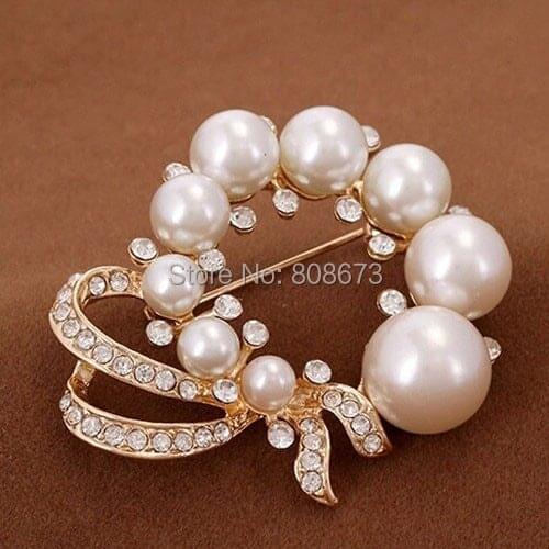 High Quality!Fancy KC Gold Tone Imitation Pearl Wreath Brooch Clear Crystal Diamante Bow Wedding Bouquet Pin Brooch Retail