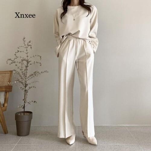 Autumn and Winter Womens Fashion Suit, Long-Sleeved Top and High-Waist Wide-Leg Trousers, Casual Ladies 2-Piece Elegant