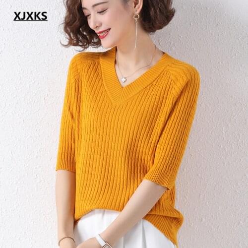 XJXKS Fashion V-neck five-point sleeve women sweater 2021 spring autumn new wool knitted thin sweater women pullover