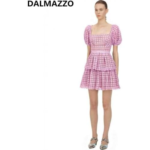 High Quality Lace Women Square Collar Slim Party Mini Dress 2020 New Summer Womans Puff Sleeve Runway Cake Dresses Vestidos