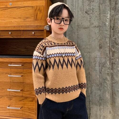 Winter Fashion Retro Children Sweater Boy Fashion Geometric Pattern Knitted Pullover Kids Casual Warm Thick Tops 10 11 12 13 14y