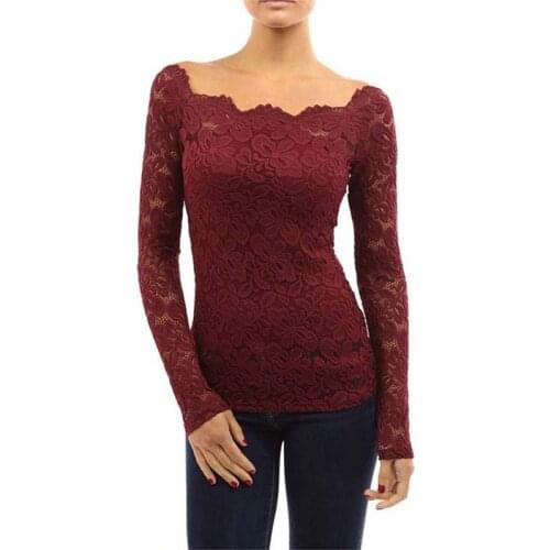 2021 Summer Tops Lace T-Shirt Women White Slash Neck Long Sleeve Hollow Sexy Skinny Plus Size Ladies Blusas