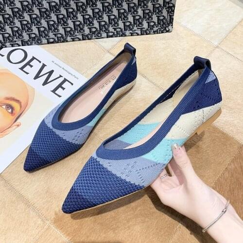 2021 Casual Women Soft Color Shoes Breathable Knit Pointed Shoes Womens Flat Shoes Ballet Single Shoes Pregnant Shoes