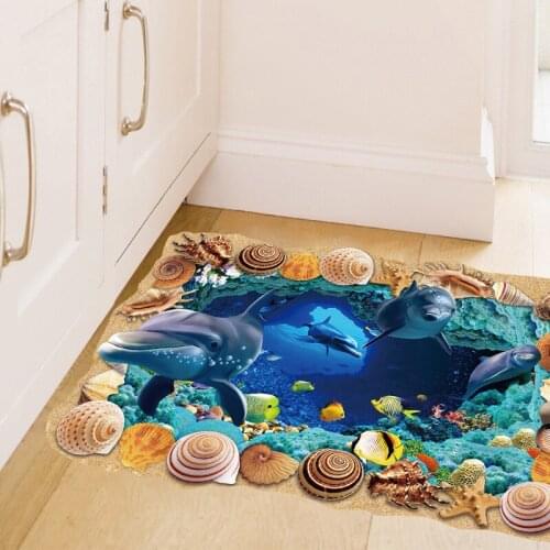 Dolphin Undersea Caves Floor 3D Sticker Wall Sticker 60*90cm for Kids Room Mural Home Decor Vinyl Wall Decals Adesivo De Parede