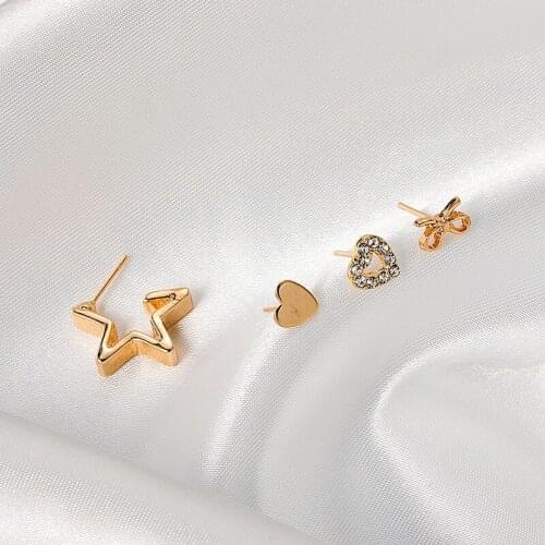 4Pcs/Set Geometric Crystal Star Heart Shaped Earrings Gold Color Alloy Studs Earrings for Women Fashion Ear Stud Jewelry