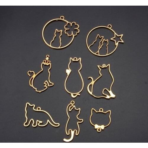 9Pcs Cute Cat Pendant Metal Frame Jewelry Making UV Resin Charms Bezel Setting