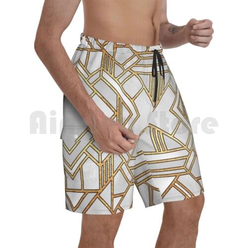 Art Deco 1 Beach Shorts Men Beach Pants Swim Trunks Graphic Abstract Art Lines Gold Golden White Geometric Geometric