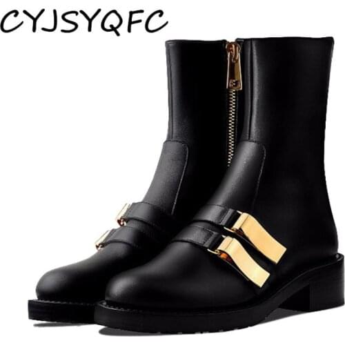 CYJSYQFC Brand Desgin Metal Buckle Strap Women Ankle Boots Round Toe Side Zipper Block Heels Shoes For Black Leather Warm Autumn