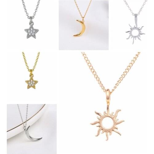 925 Silver Chain Star and Moon Sun Pendant Necklace for Women Simple Trendy Gold Color Clavicle Chain Korean Fashion Jewelry