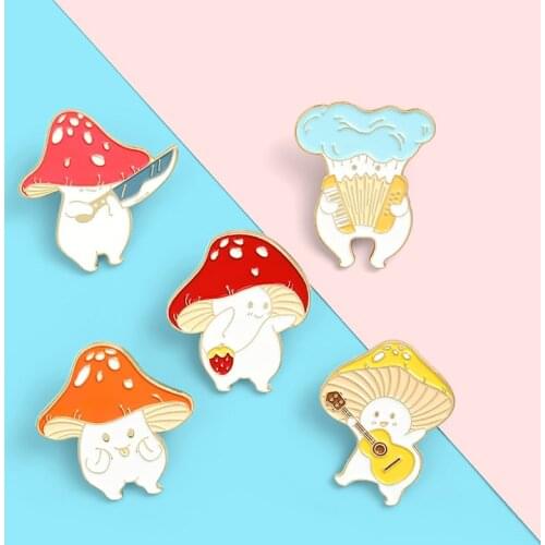 Mushroom Enamel Pin Custom Funny Guitar Accordion Brooches Bag Lapel Pin Cartoon Cute Badge Plant Jewelry Gift for Kids Friends