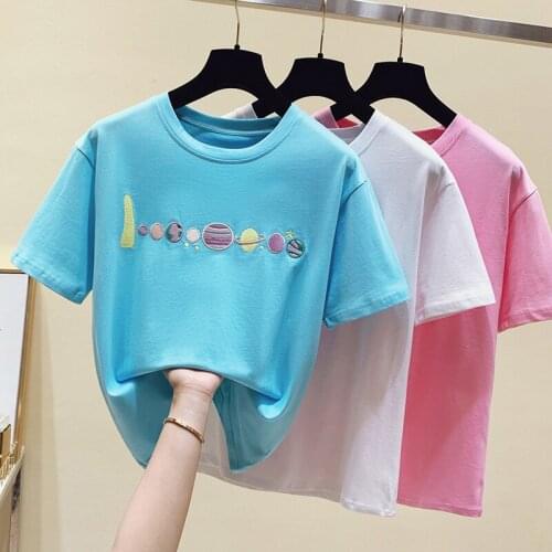 Cotton Summer Embroide Tees Tops Woman Plus Size Short Sleeve Oversized T shirt Big Girls Clothing Tshirt Pink White 2021