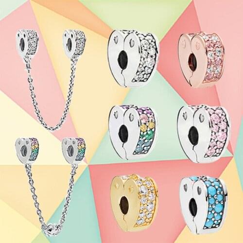 Hot Sale 925 Sterling Silver Spring Series Arcs Of Love Clip Safety Chain Rainbow Rose Gold Cyan Pink Gold Color Selection