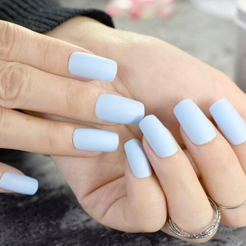 Matte Light Blue Square Head False Nails Middle-long Frosted Fake Nail Full Cover Nail Tips Fuax Ongles Finger Art