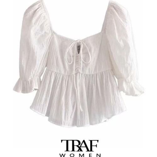 TRAF Za Women Fashion With Bow Ruffled Crop Blouses Vintage Short Sleeve Elastic Trims Female Shirts Chic Tops