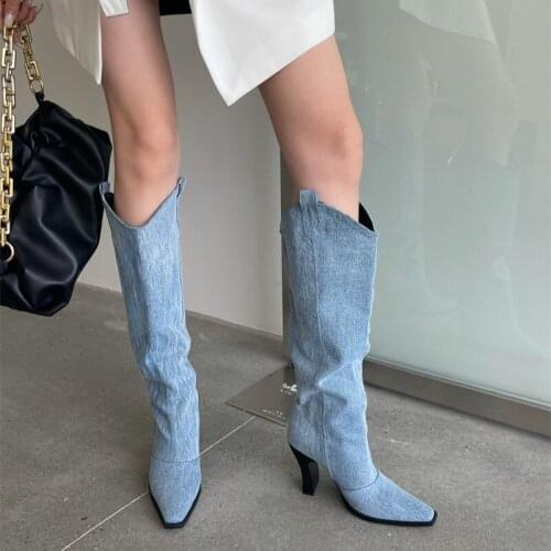 2021 new chic womens boots thick heel square toe western cowboy high boots long boots high heel jeans rider boots summer autumn