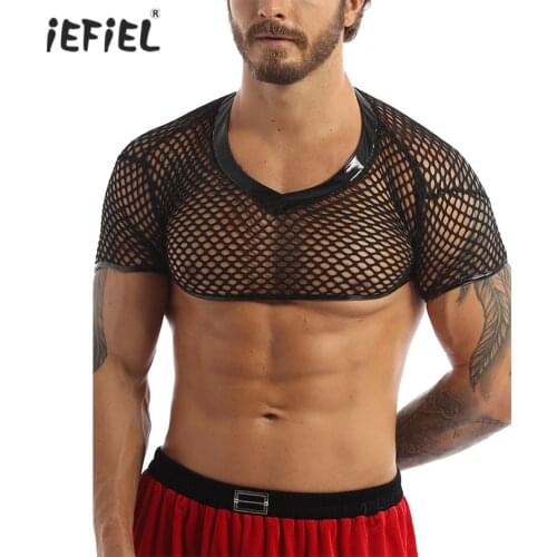 New Men Lingerie Short Sleeves See-through Mesh Patent Leather Fishnet Exotic Tanks Transparent Stretchy Muscle Tank Crop Top