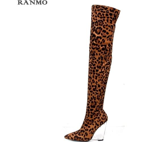 Autumn and Winter European or American Fashion Stretch Over Knee Boots Sexy Leopard Transparent High Heel Pointed Womens Boots
