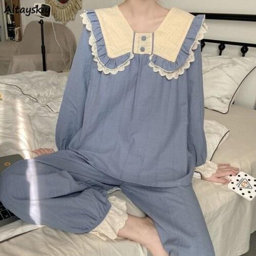 Pajama Sets Women Full Sleeve Turn Down Collar Ruffles Spring Students Cozy Chic Nightwear Fashion Patchwork Female Sweet Newest