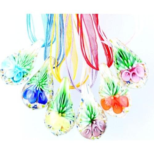 QianBei Fashion Beauty Wholesale 6pcs handmade Murano Lampwork Glass Two Color Flower Inside Pendants Charms Necklaces FREE