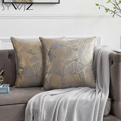 Modern Grey Sofa Cushion Cover 45x45 Velvet with Bronzing Leaves Throw Pillow Covers Decorative for Couch Bed Home Accessories