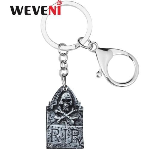WEVENI Acrylic Halloween Gray Tombstone Keychains Printing Skull Keyring Jewelry For Women Girls Kids Trendy Car Accessories