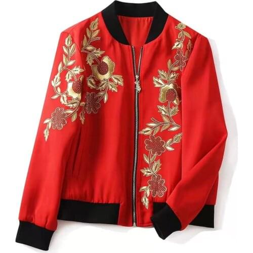 European and American womens wear new autumn 2022 Long sleeve zippers Fashion floral embroidered hot diamond black coat