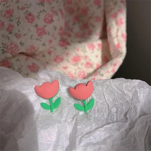 AOMU S925 Summer Cute Pink Resin Flower Earrings Retro Simple Irregular Matte Geometric Tulip Stud Earrings for Women Jewelry