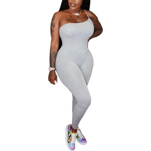 WomenS Solid Color Close-Fitting One-Shoulder Slim Fit Jumpsuit Summer Fashion Boat Neck Sleeveless Sexy Sports Overalls