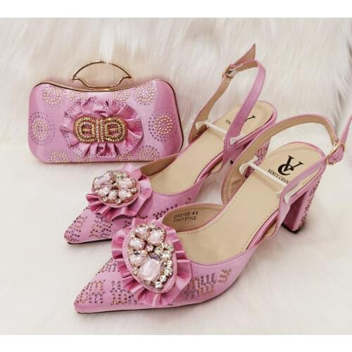 Italian Design Nigerian 2021 Newest Fashion Pink Color Patforn Women Shoes and Bag Set Decorated With Phoenix Shape Metal