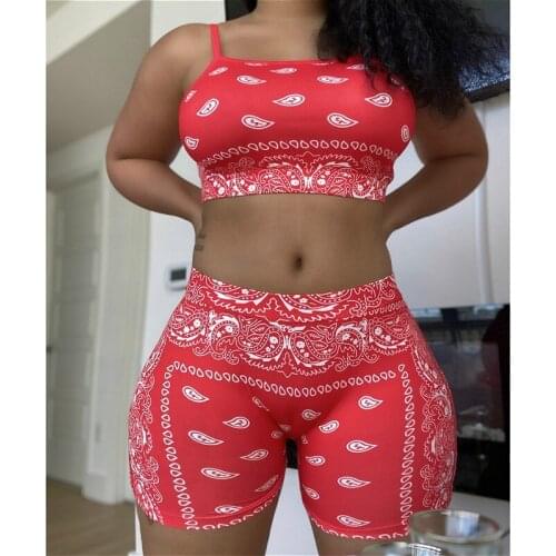 Two Piece Sets Women 2021 Summer Casual Tracksuit Print Sleeveless Tank Crop Tops + Skinny Shorts Fitness Club Sexy 2Pcs Sets