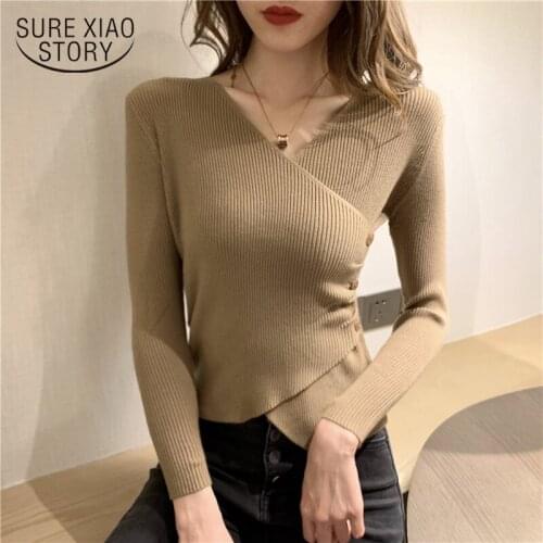 2021 Spring Autumn Women Cross V-neck Sweaters Girls Knitted Sweater Full Sleeve Pullovers Knitwear Female Crop Tops 15701