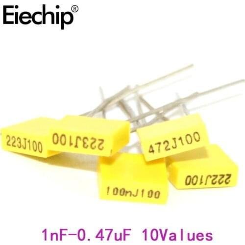 50pcs/lot Polypropylene Safety Plastic Film Correction Capacitor kit 1nF-0.47uF Component set Yellow Block Capacitor Package