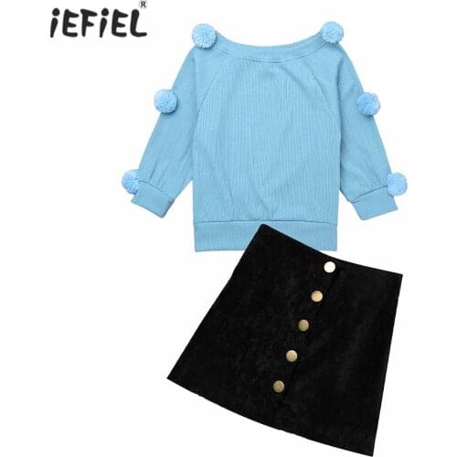 Spring Autumn Kids Girls Clothes Set Long Sleeve Pompom Adorned Crochet Knitwear Tops A-line Skirt Toddler Girls Clothing Suit