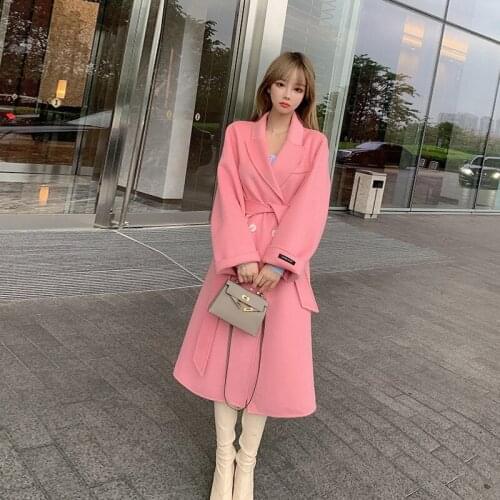 Double Sided Woolen Coat 2021 Spring New Korean High End Loose Laing Belt Long Plus Size 100% Wool Overcoat Jacket